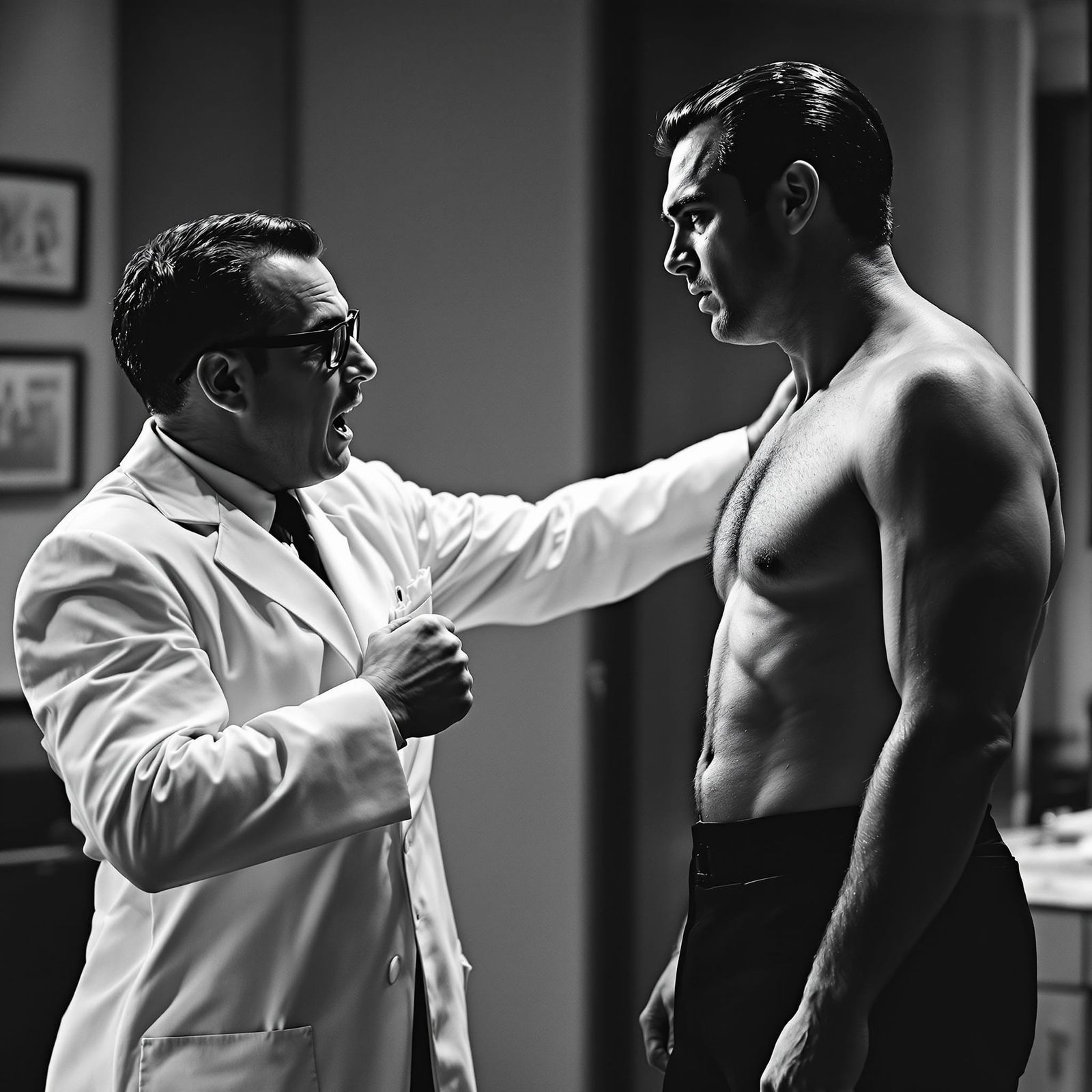 1950s Doctor Punches Patient's Stomach in Stark Photo