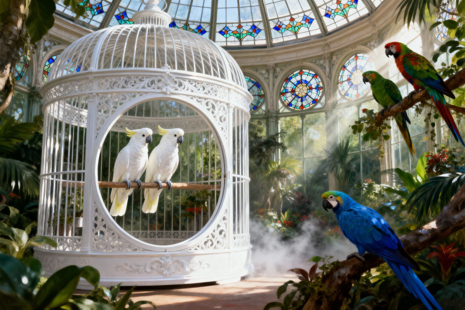 Victorian Birdcage Botanical Garden with Exotic Birds