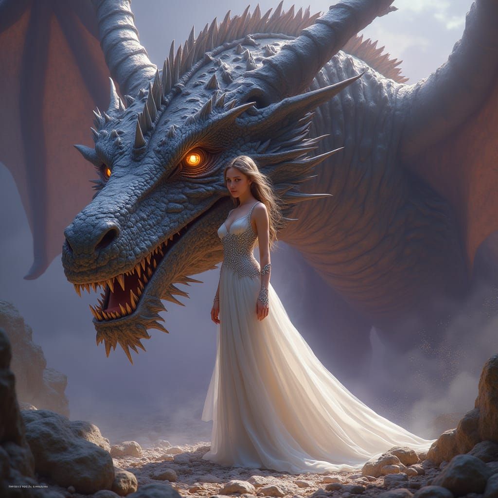 Elegant Woman and Majestic Dragon in Dark Fantasy Art