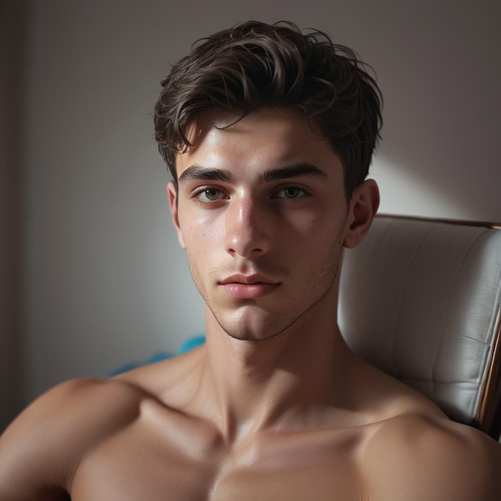 Hyperrealistic Portrait of Young Man in Bedroom