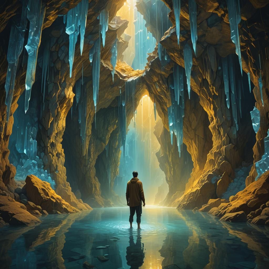 Surreal Cave Scene with Man in Shower of Light
