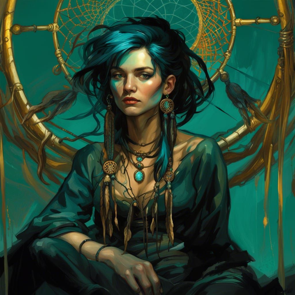 Dreamcatcher Woman: Digital Illustration in Teal and Gold