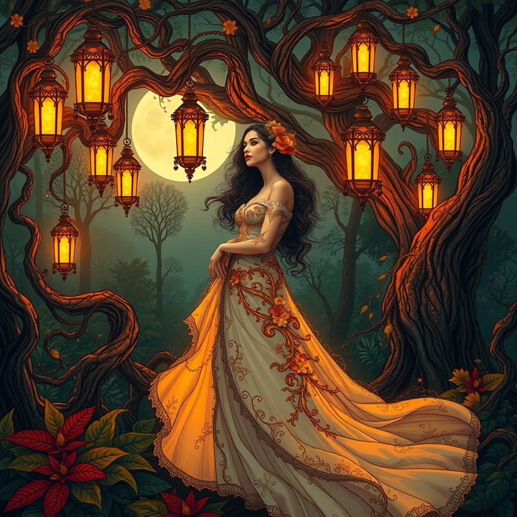 Ethereal Woman Under Whimsical Fire Lantern Canopy