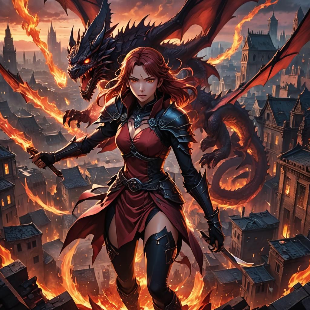 Draconic Lady Battles Demons in Hellish Cityscape