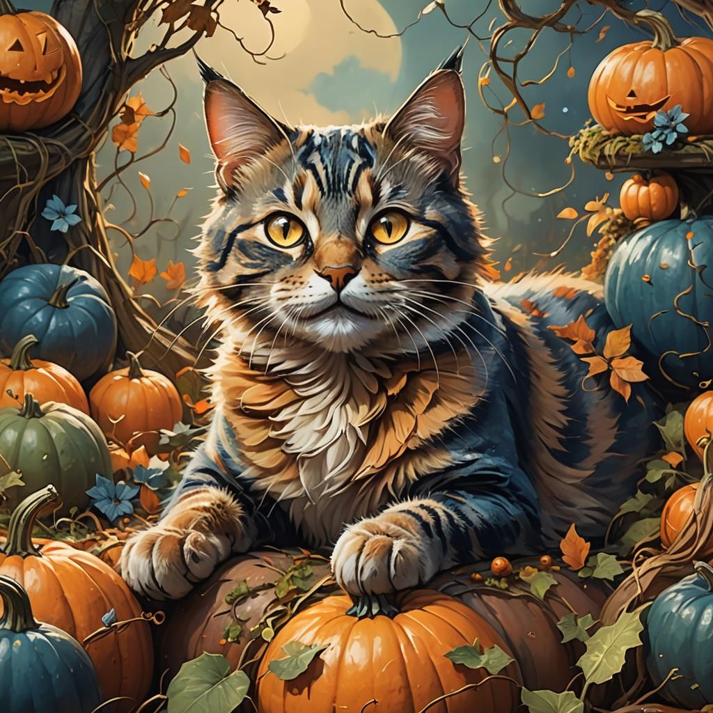 Happy Cat Napping on Pumpkin: Whimsical Fantasy Art