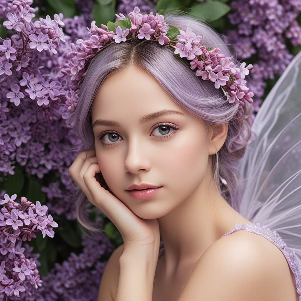 Ethereal Lilac Fairy in Dreamlike Landscape