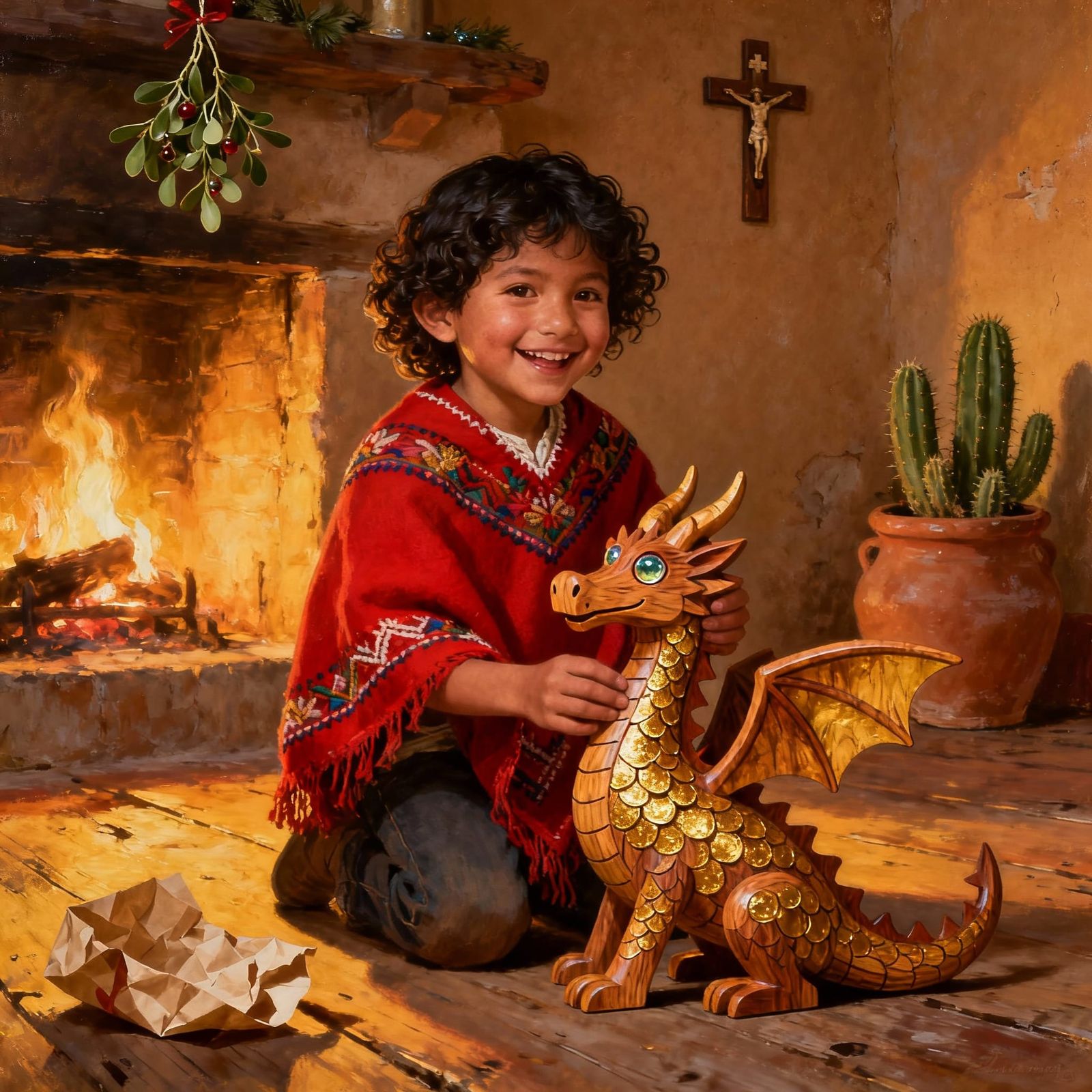Christmas Morning: Child with Wooden Dragon, Oil Painting