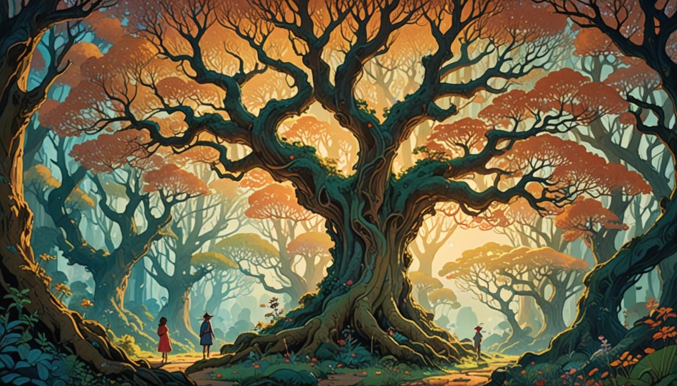Mystical Forest Scene in Whimsical Art Style