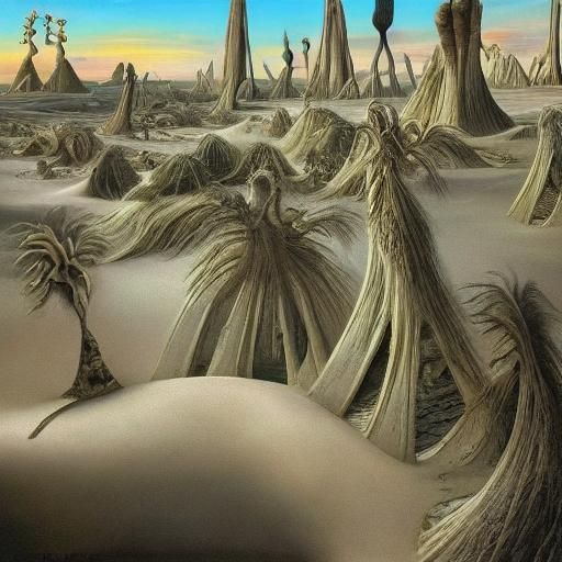 "16k resolution, art by H.R. Giger, Salvador Dali, surreal island oasis, biomechanical palm trees, melting sand dunes, a...