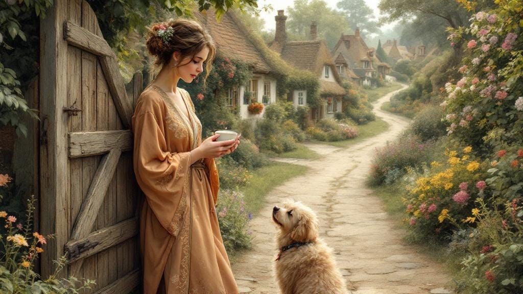 Woman by Gate with Dog in Beatrix Potter Style