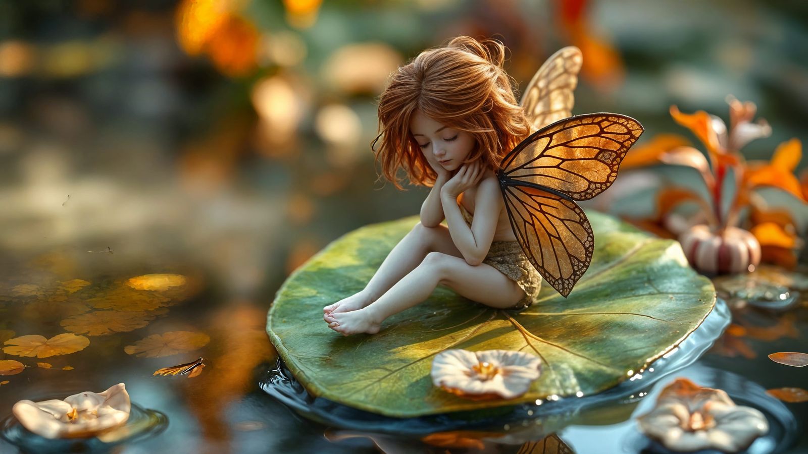 Cute Fairy Contemplates Autumn Pond
