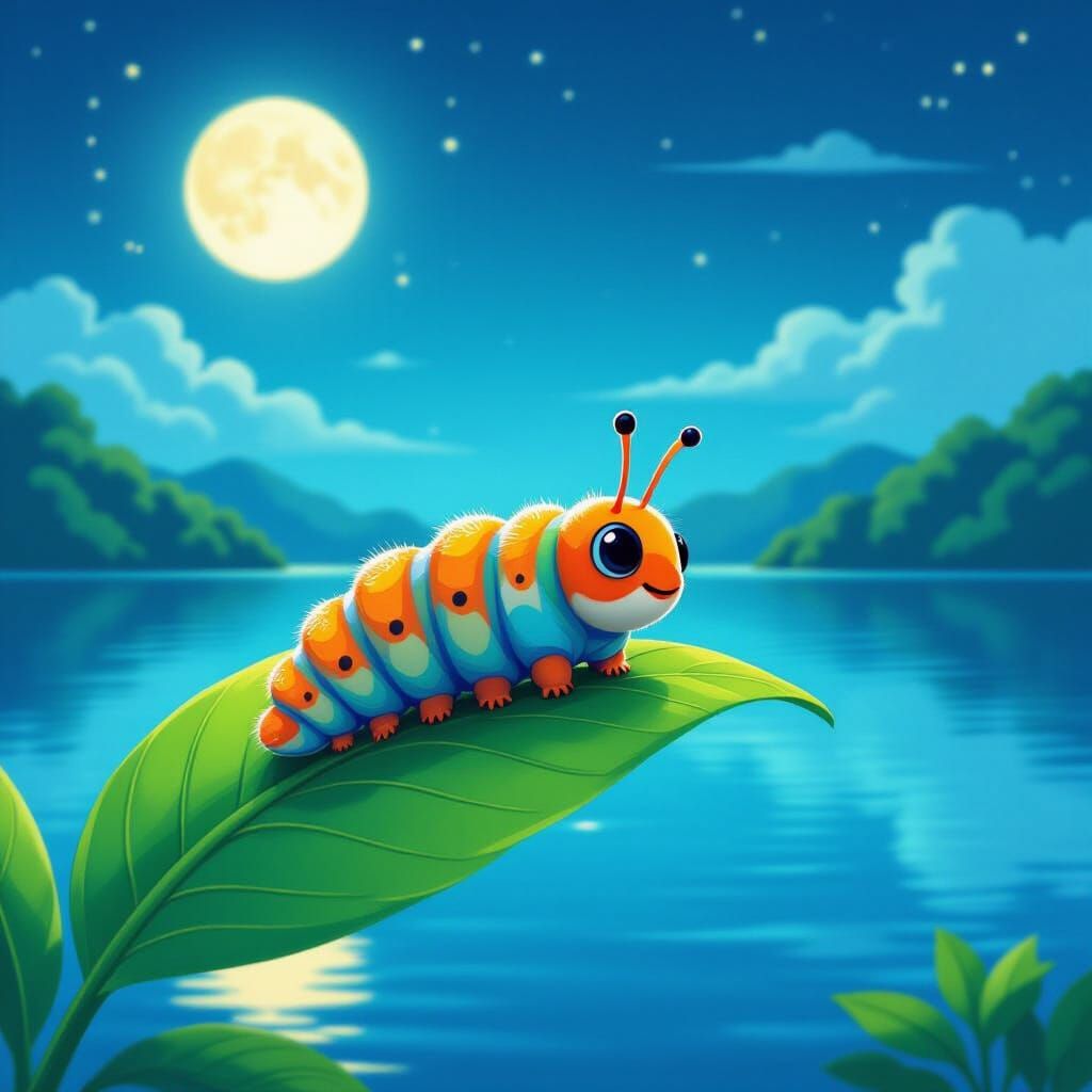 Whimsical Caterpillar Overlooking Moonlit Lake