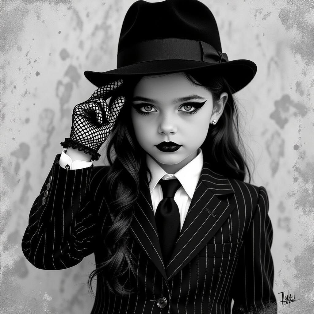 Gothic Girl in Mobster Suit, Stylized Illustration