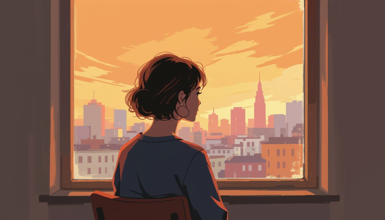 Woman Gazes Out Window in Vibrant Abstract Art