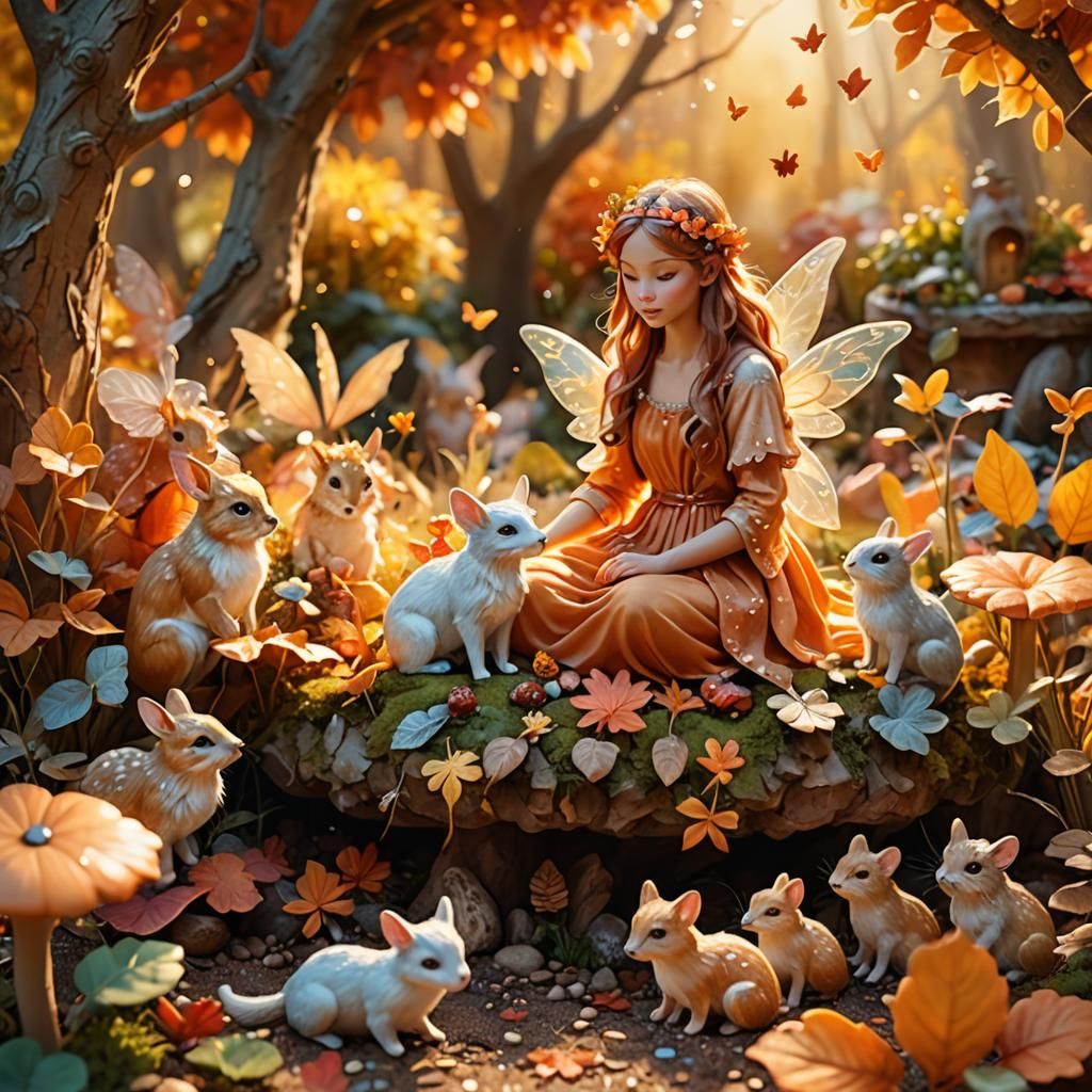 Whimsical Fairy Garden in Autumn Sunlight