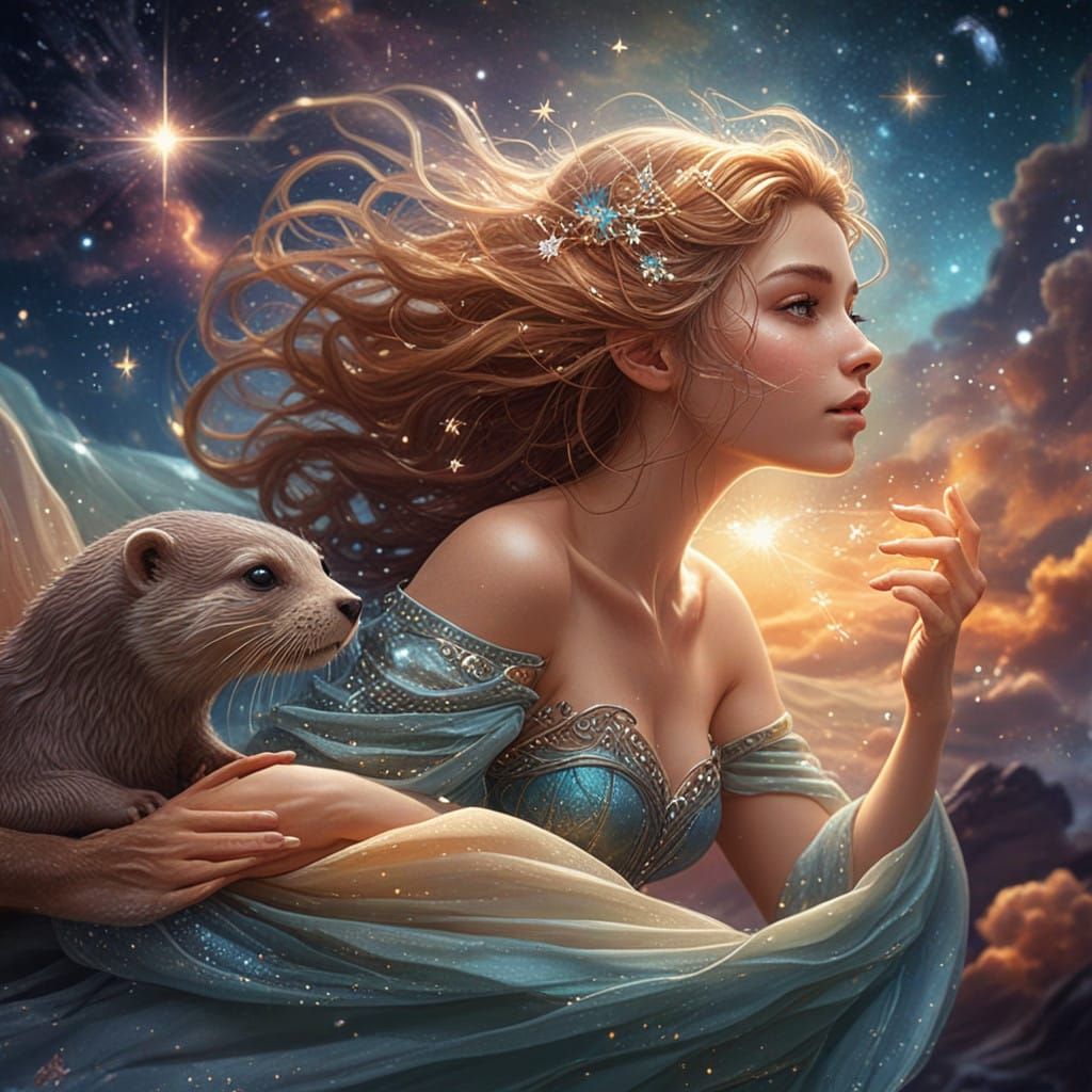 Celestial Fairy in Cosmic Realm with Majestic Otter