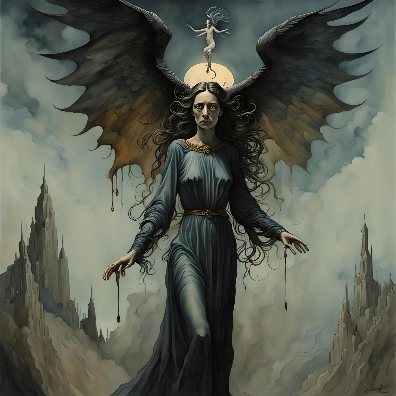 Ominous Female Seraph in Watercolor Style