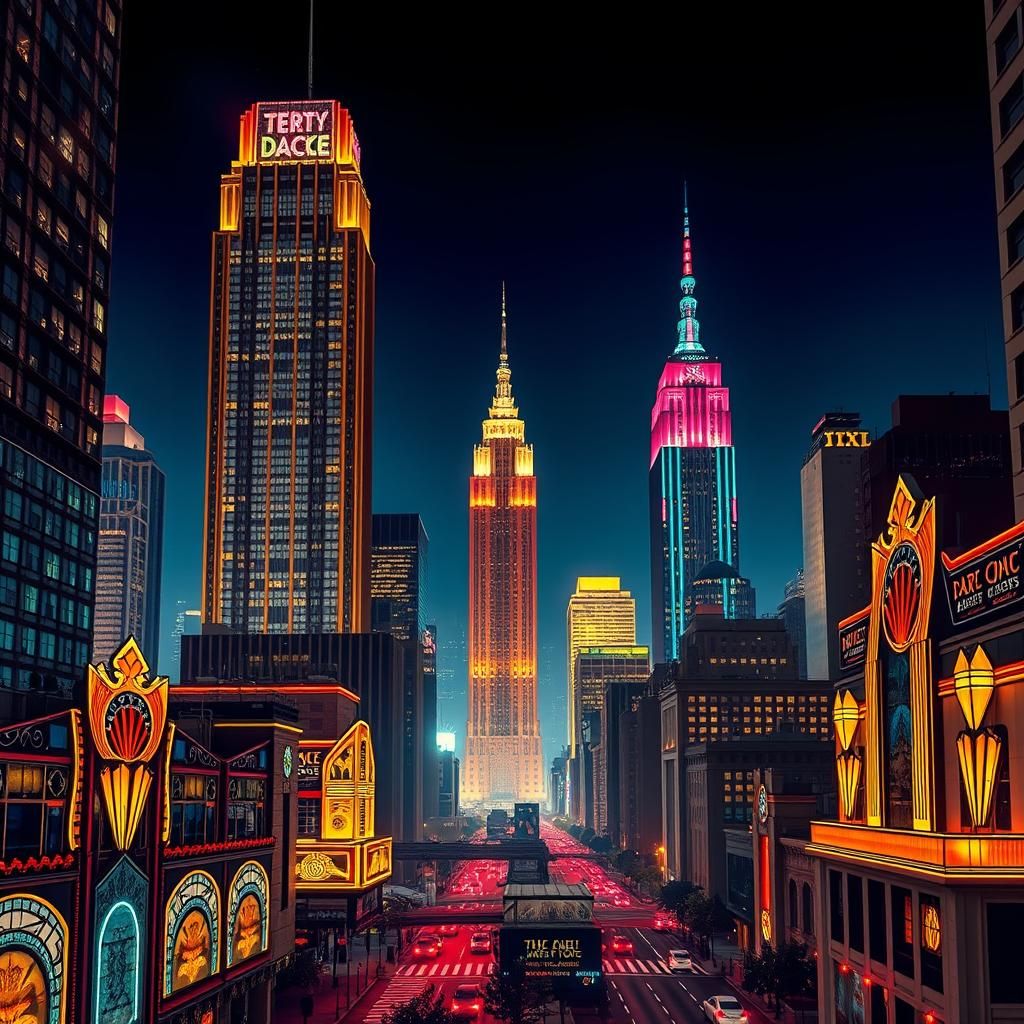 Art Deco Cityscape with Neon Lights at Night