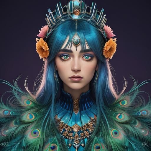 Woman with Peacock Feathers and Orange Crown