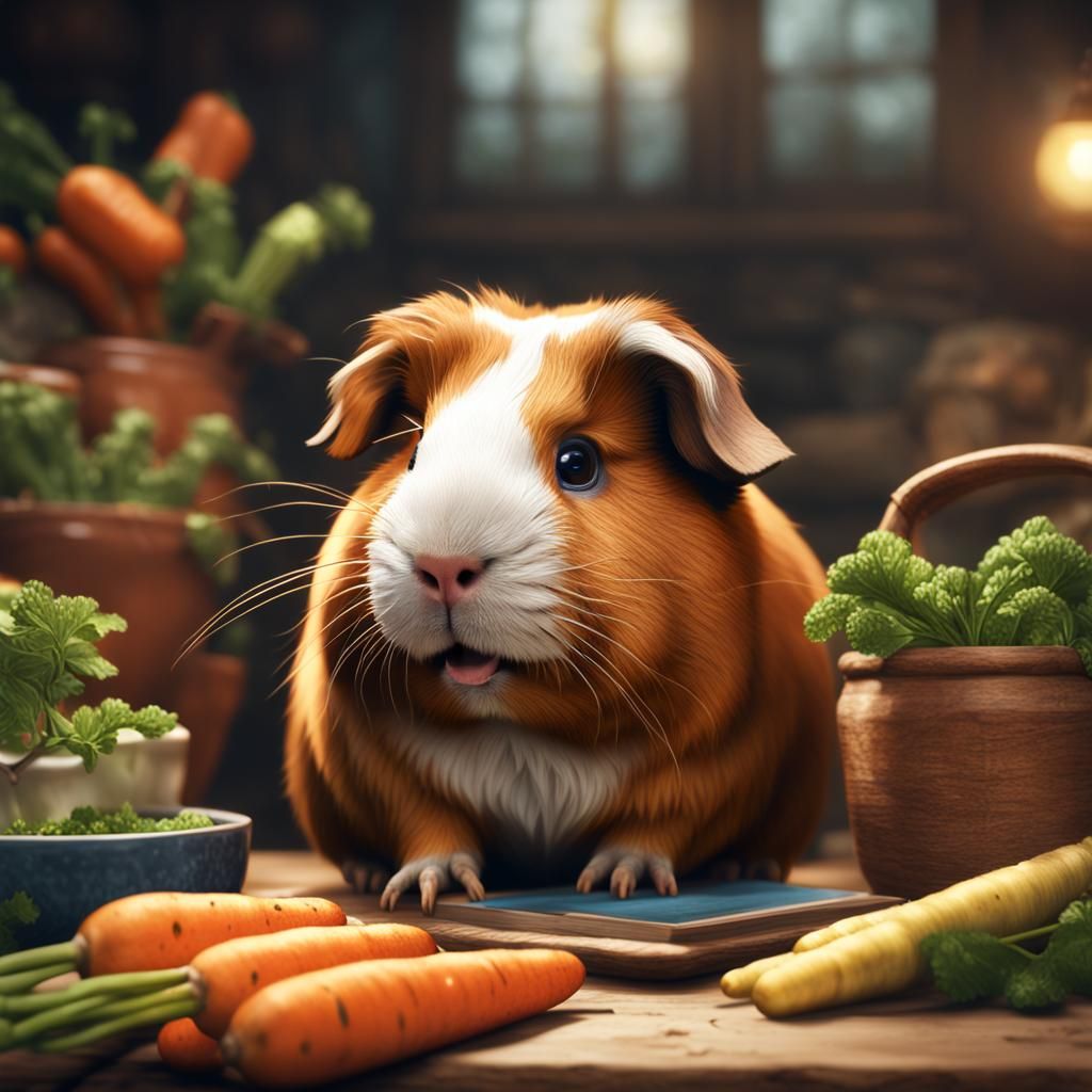 Old Guinea Pig with Glasses Eating Carrot