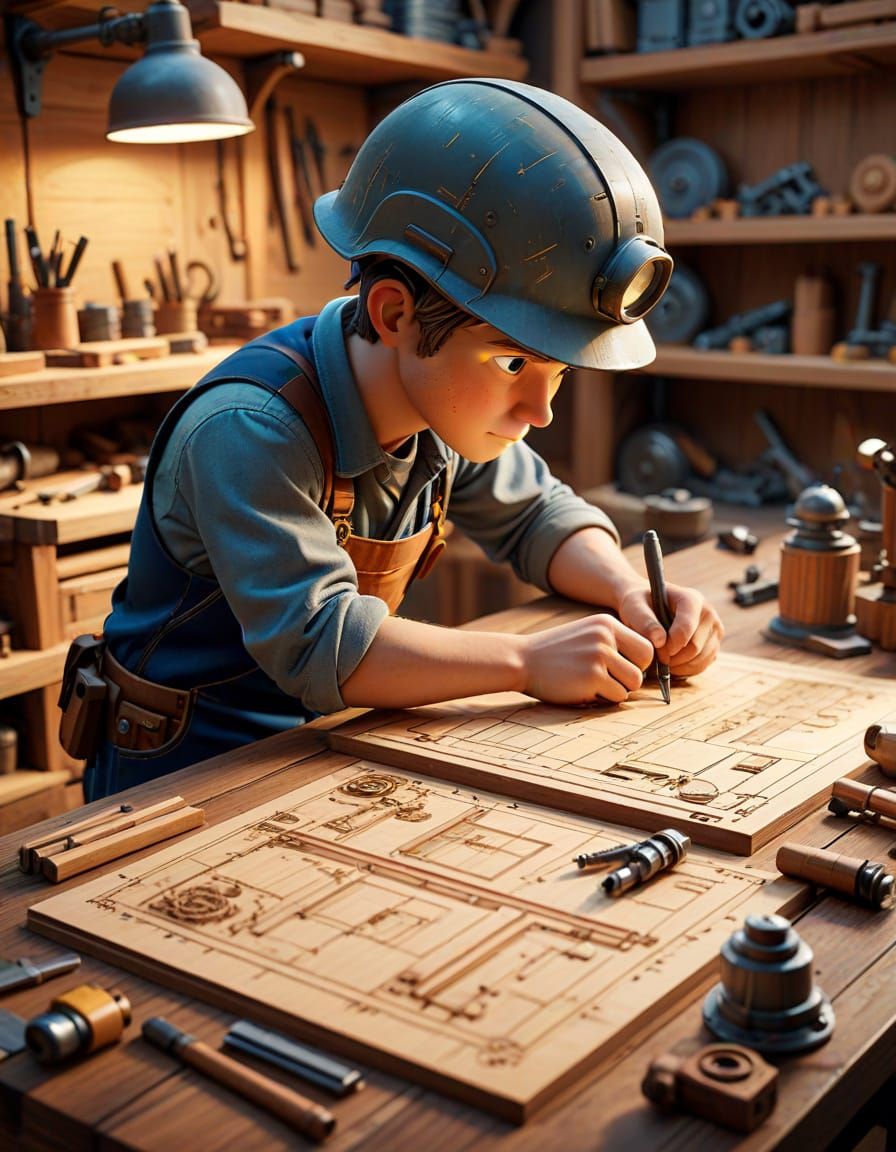 Chibi Inventor Inspects Wooden M-24 Chaffee Tank Blueprint