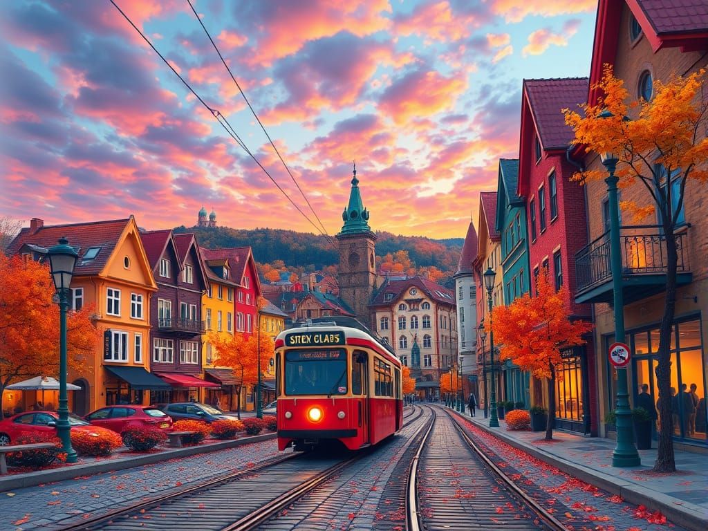 Colorful Autumn Town with Streetcar in Vivid Sky