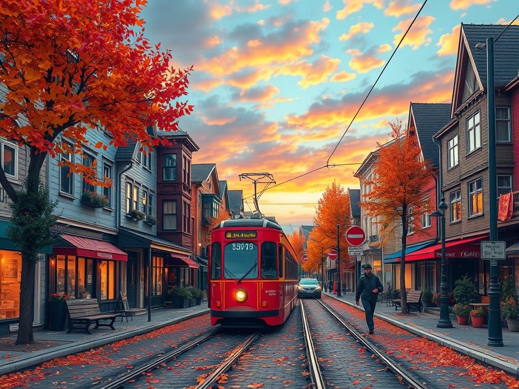 Colorful Autumn Town with Streetcar