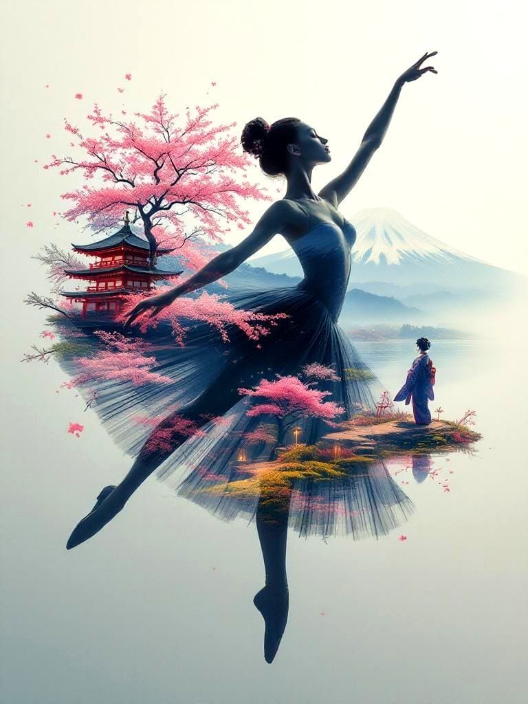 Ballerina Double Exposure with Japanese Landscape