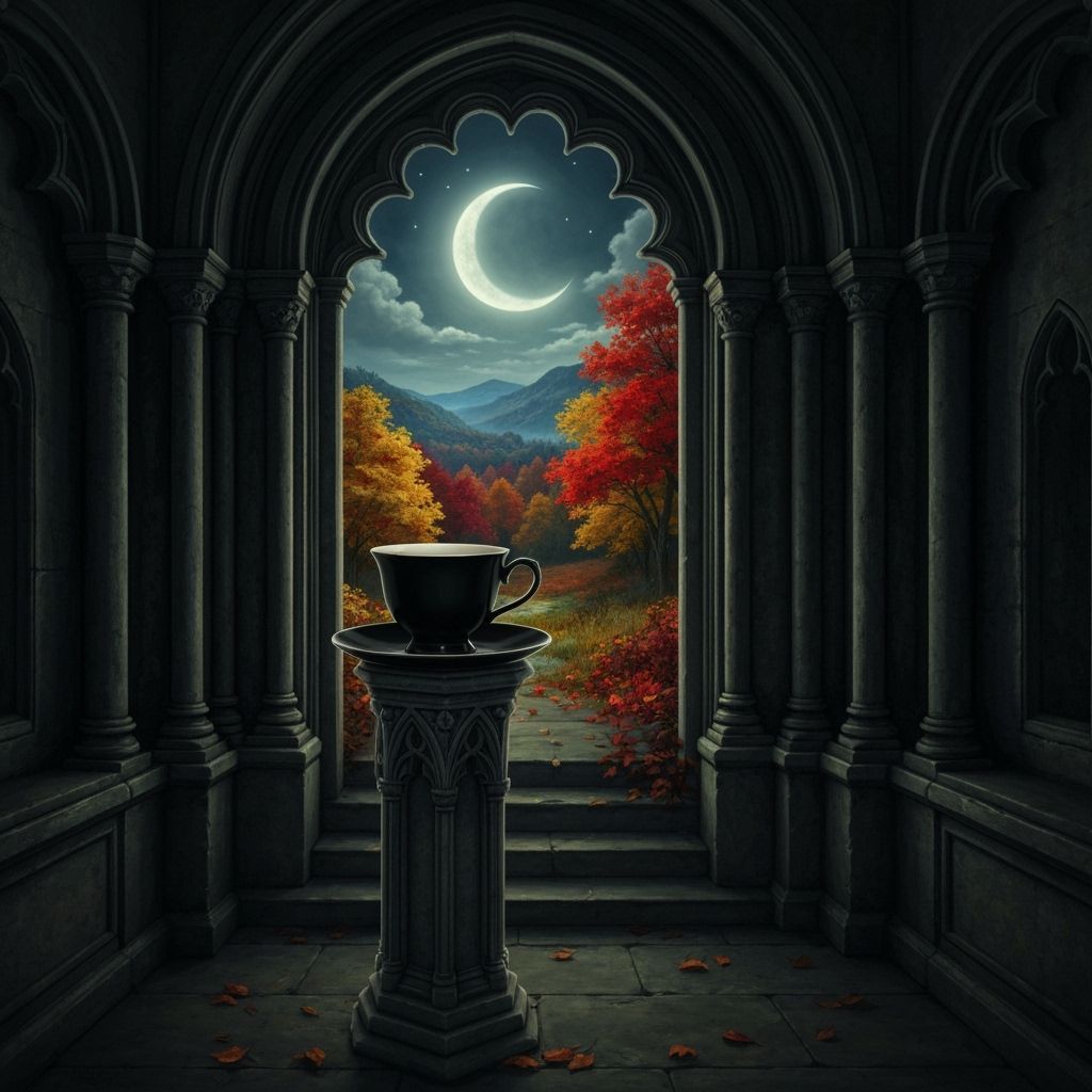 Gothic Teacup in Tomb Overlooking Autumn Moonscape