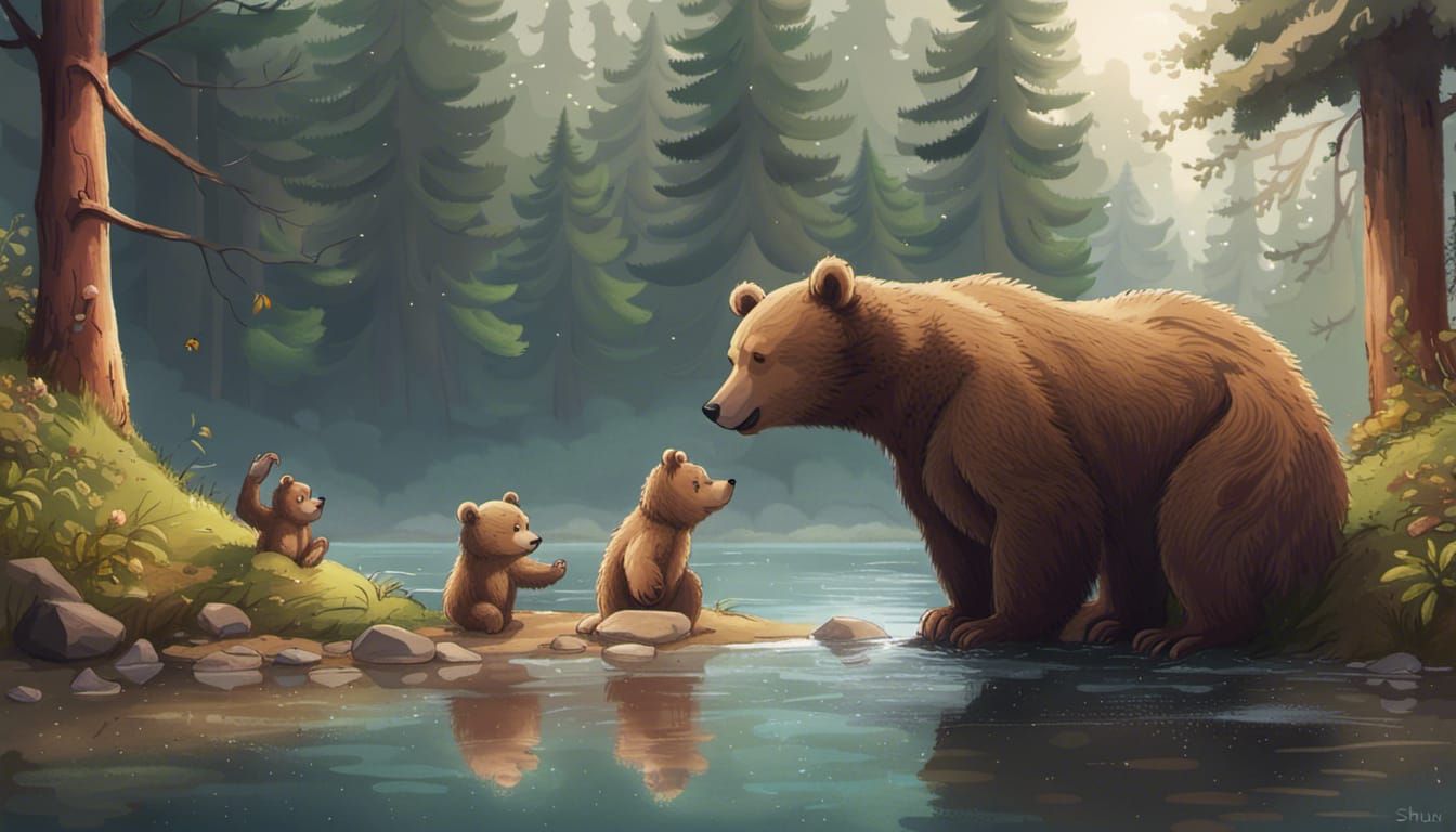 Whimsical Bears Playing by a Lake in Forest