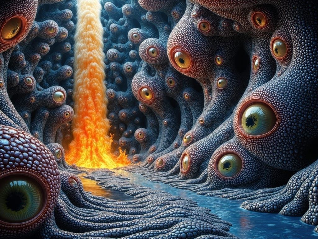 Fractal Labyrinth with Fire Waterfall: Surreal Digital Art