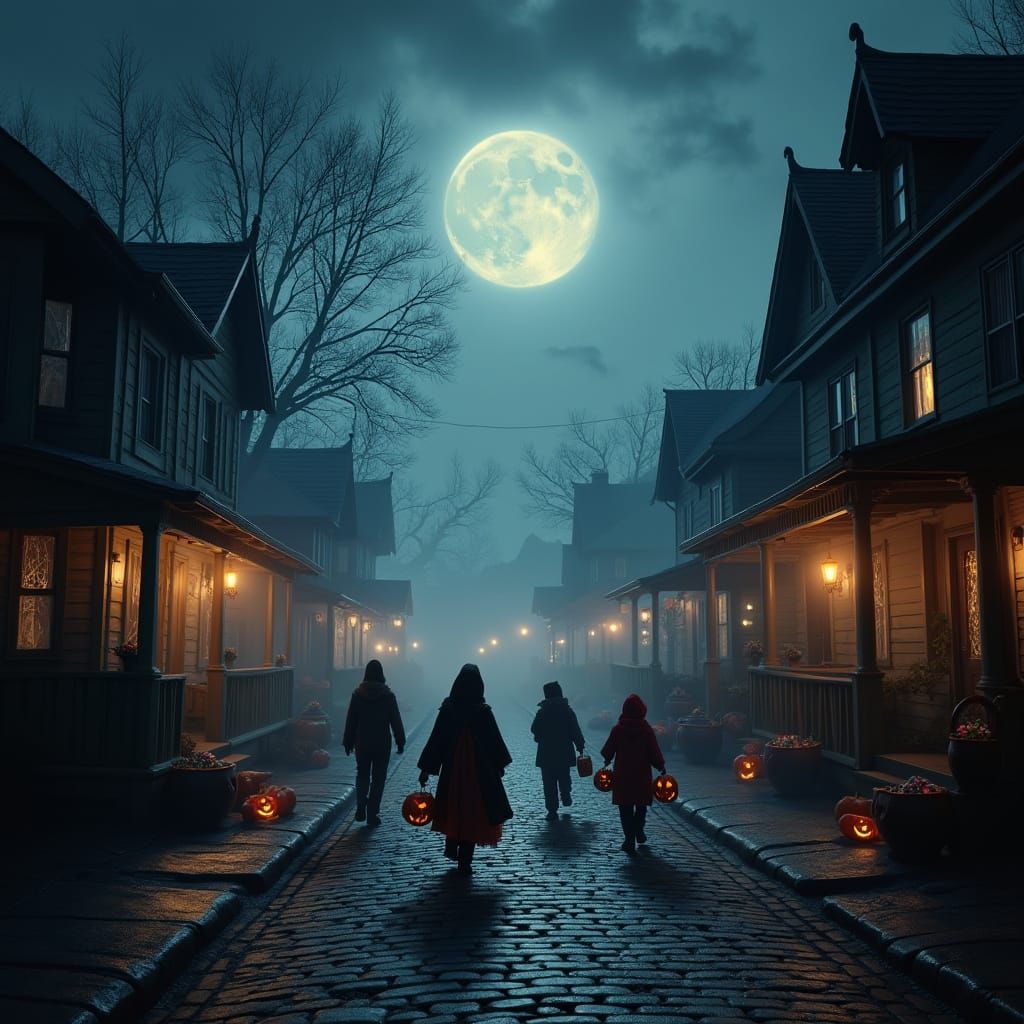 Spooky Halloween Night Trick-or-Treating in Foggy Small Town