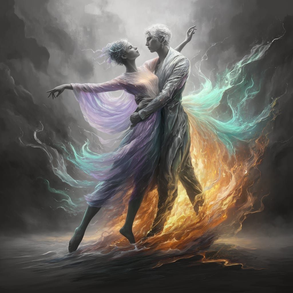 Ethereal Couple Dances in Stormy Dreamscape with Vibrant Hue...
