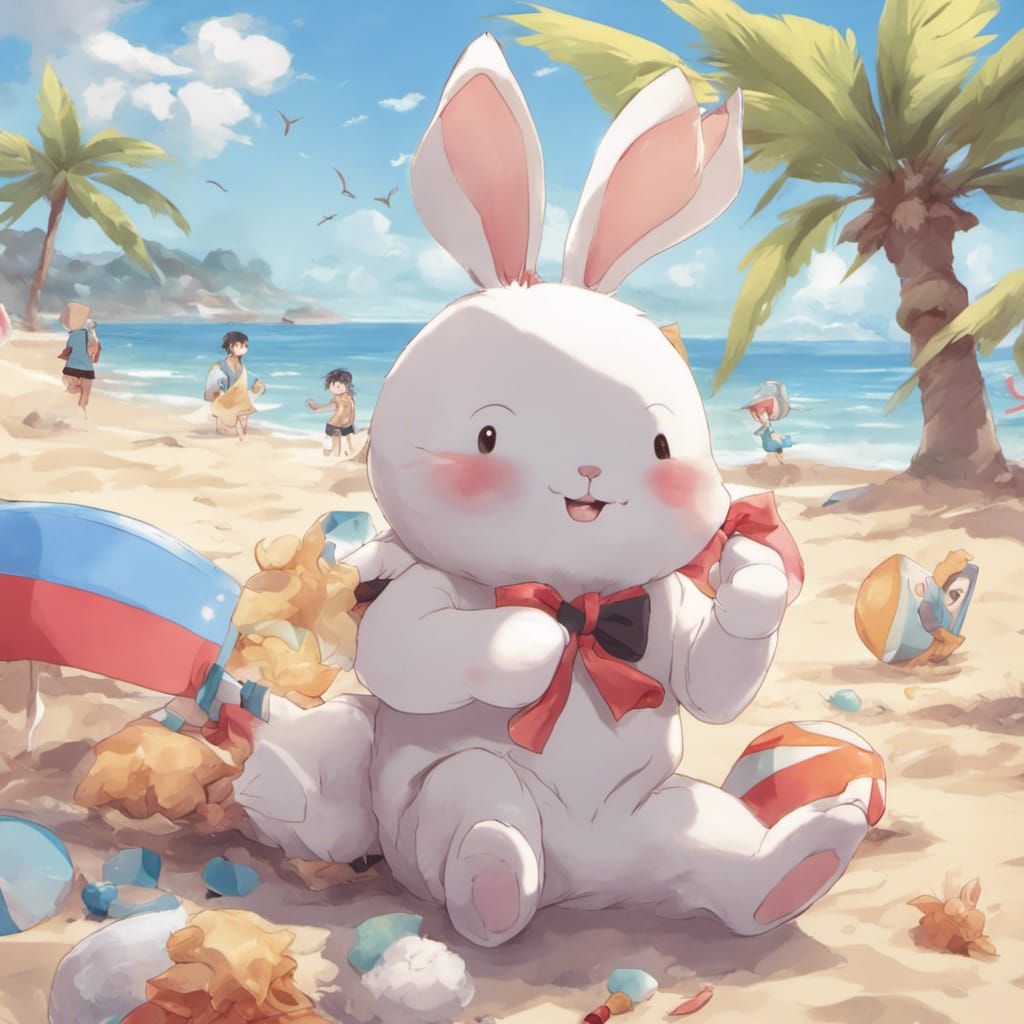 Cute Rabbit's Beach Day in Anime Style