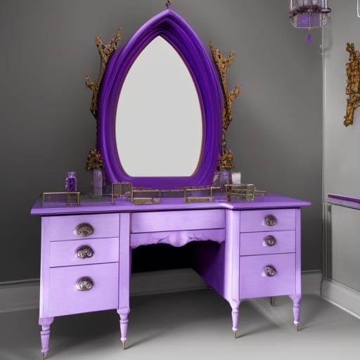 Ethereal Vibrant purple gothic vanity table with huge gothic mirror with cobalt blue accents& good craftsmanship vibes& ...