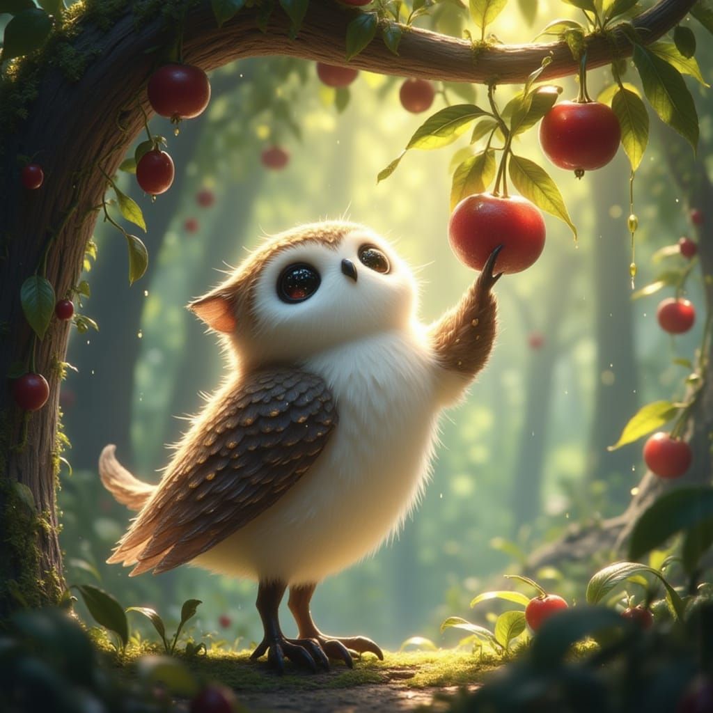 Owl Creature Reaching for Fruit in Enchanted Forest