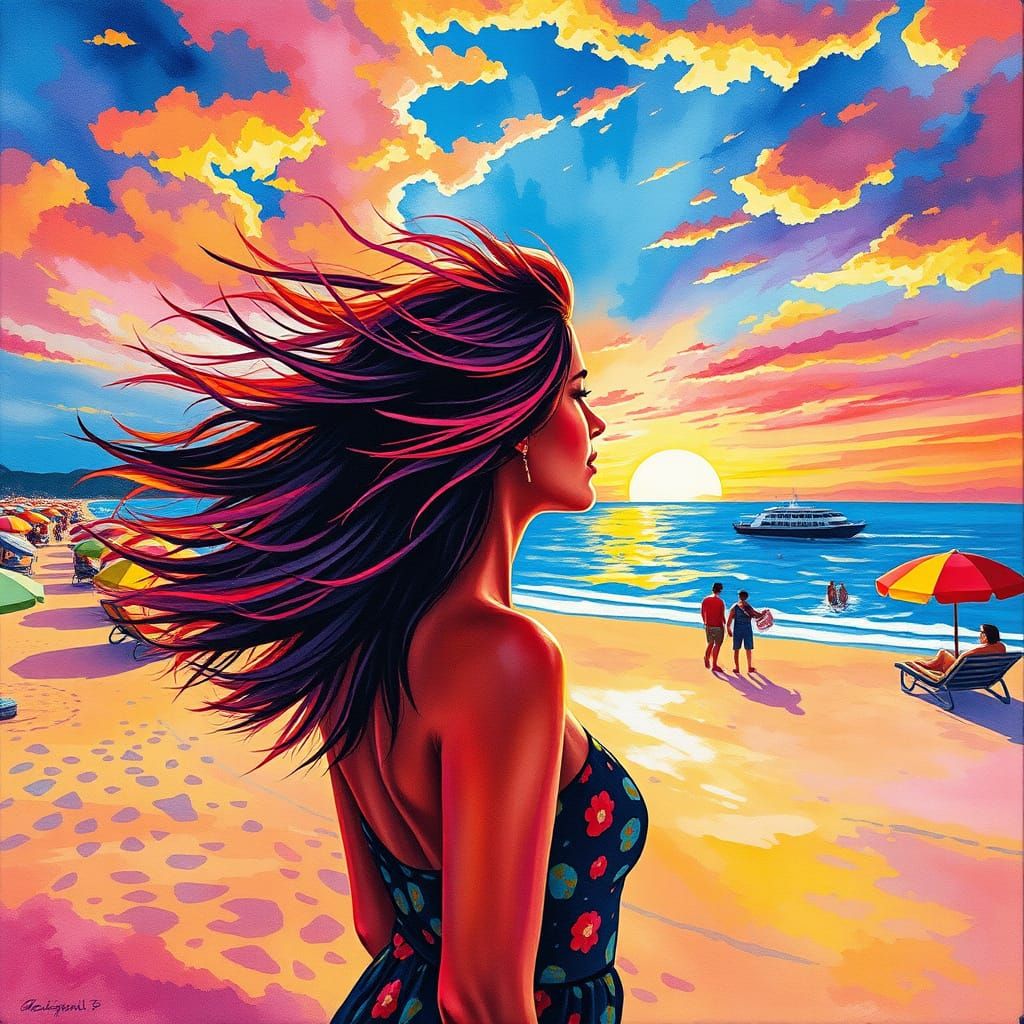 Psychedelic Sunset Beach Scene with Vibrant Hair Woman
