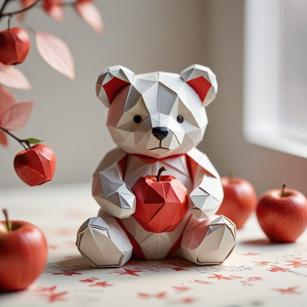 Delicate Origami Teddy Bear Bites into Juicy Red Apple