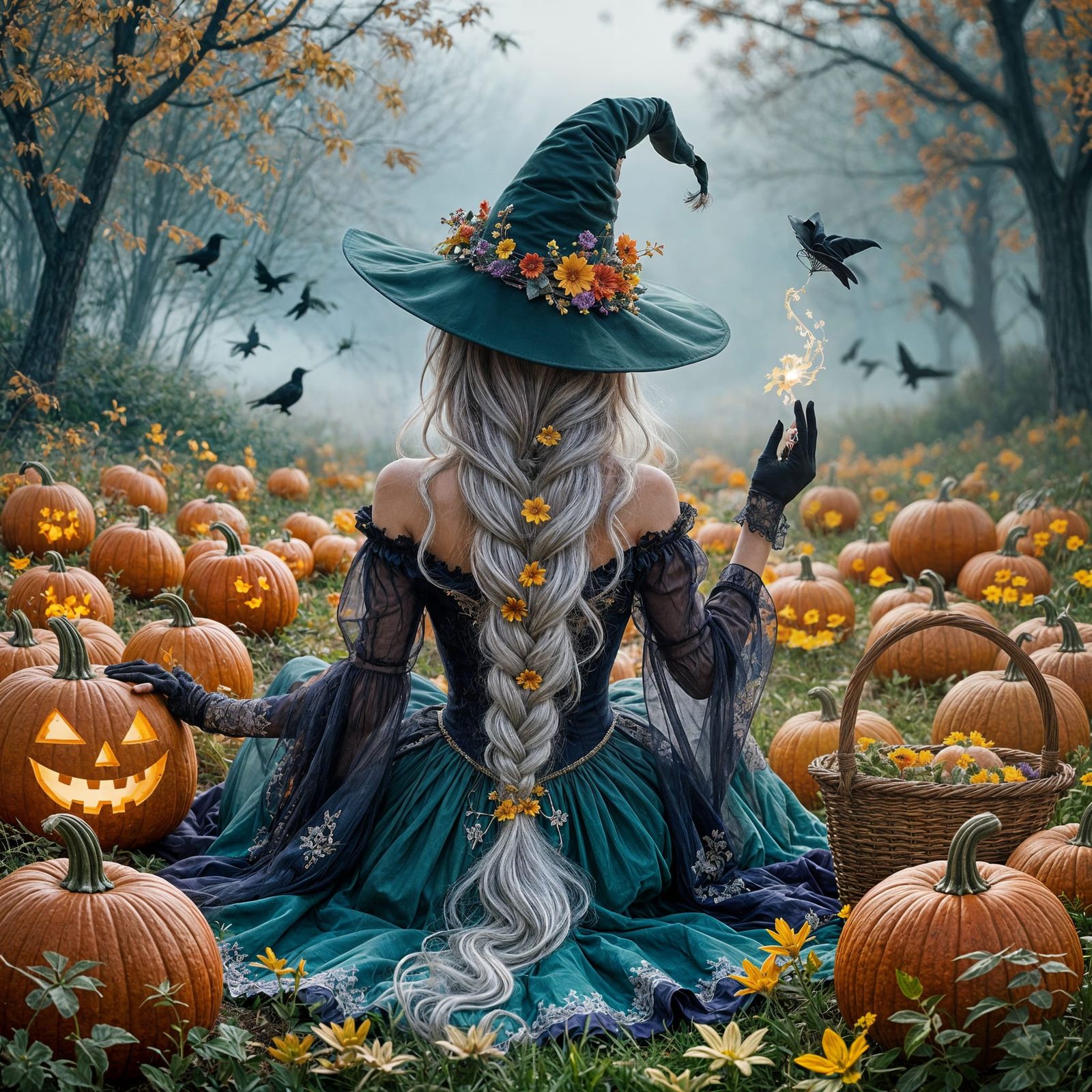 Enchanting Witch in Autumn Pumpkin Field