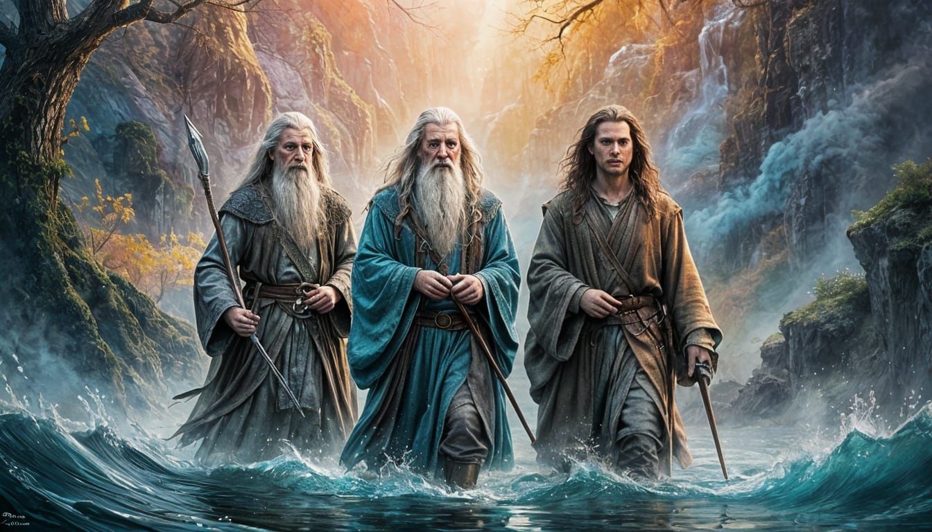 Surreal Triptych of Elemental Men in Rainbow Hues