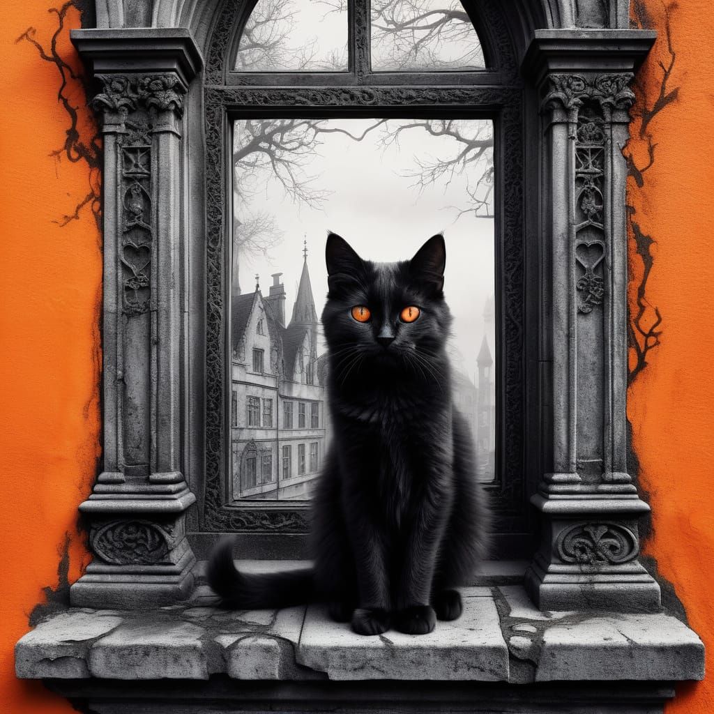 Fluffy Kitten in Moody Orange Charcoal Drawing