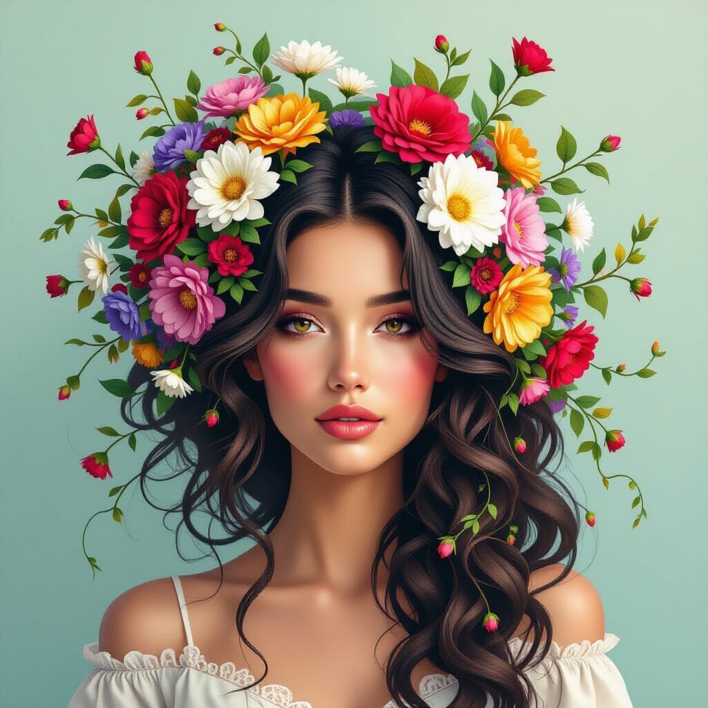 Surreal Woman's Hair Blooms with Flowers and Vines