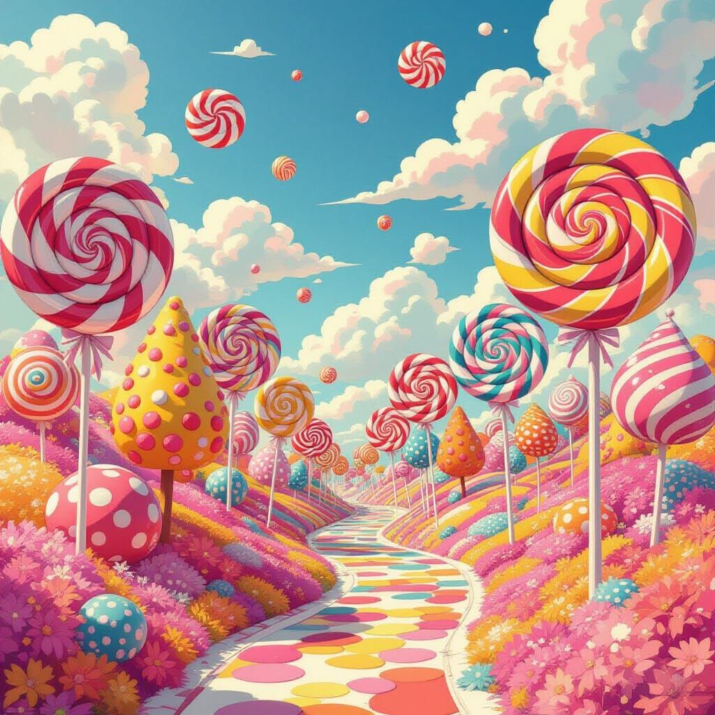 Vibrant Candy World with Swirling Patterns