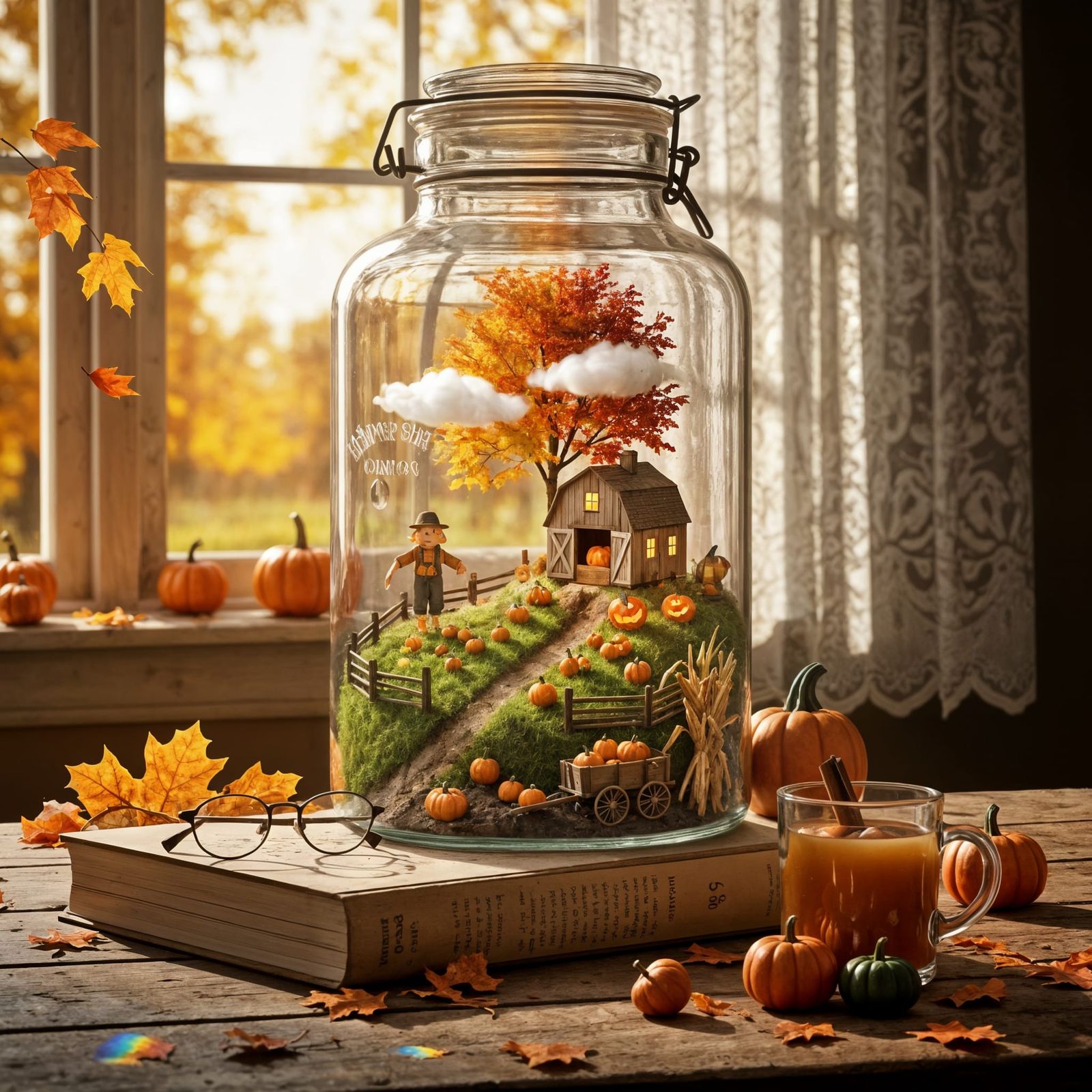 Miniature Autumn Farm Scene in Apothecary Jar