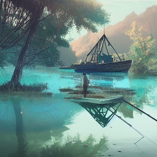 Fishing Boat in Mysterious Teal Lagoon Digital Painting
