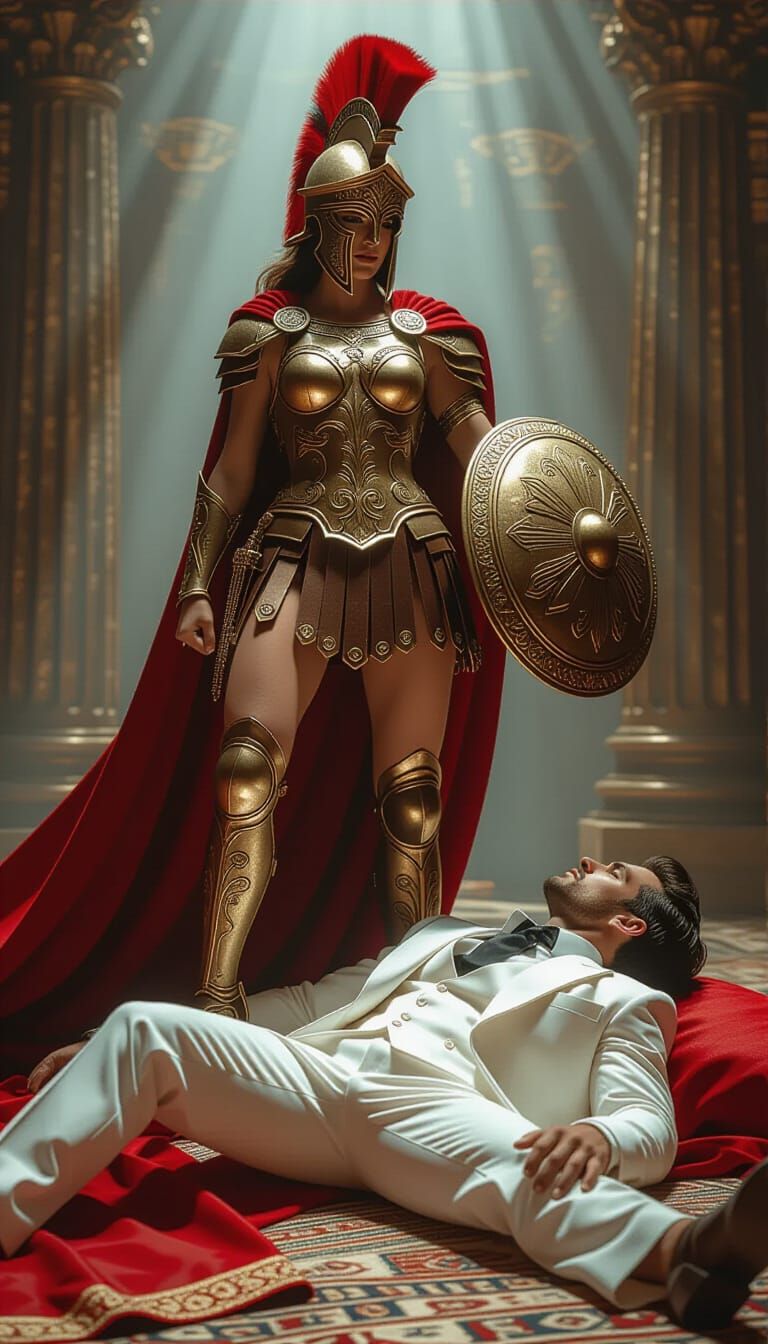 Goddess Athena Victorious Over Defeated Man