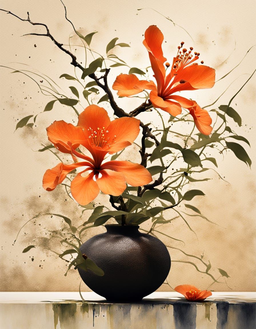 Abstract Ikebana Arrangement in Sfumato Style
