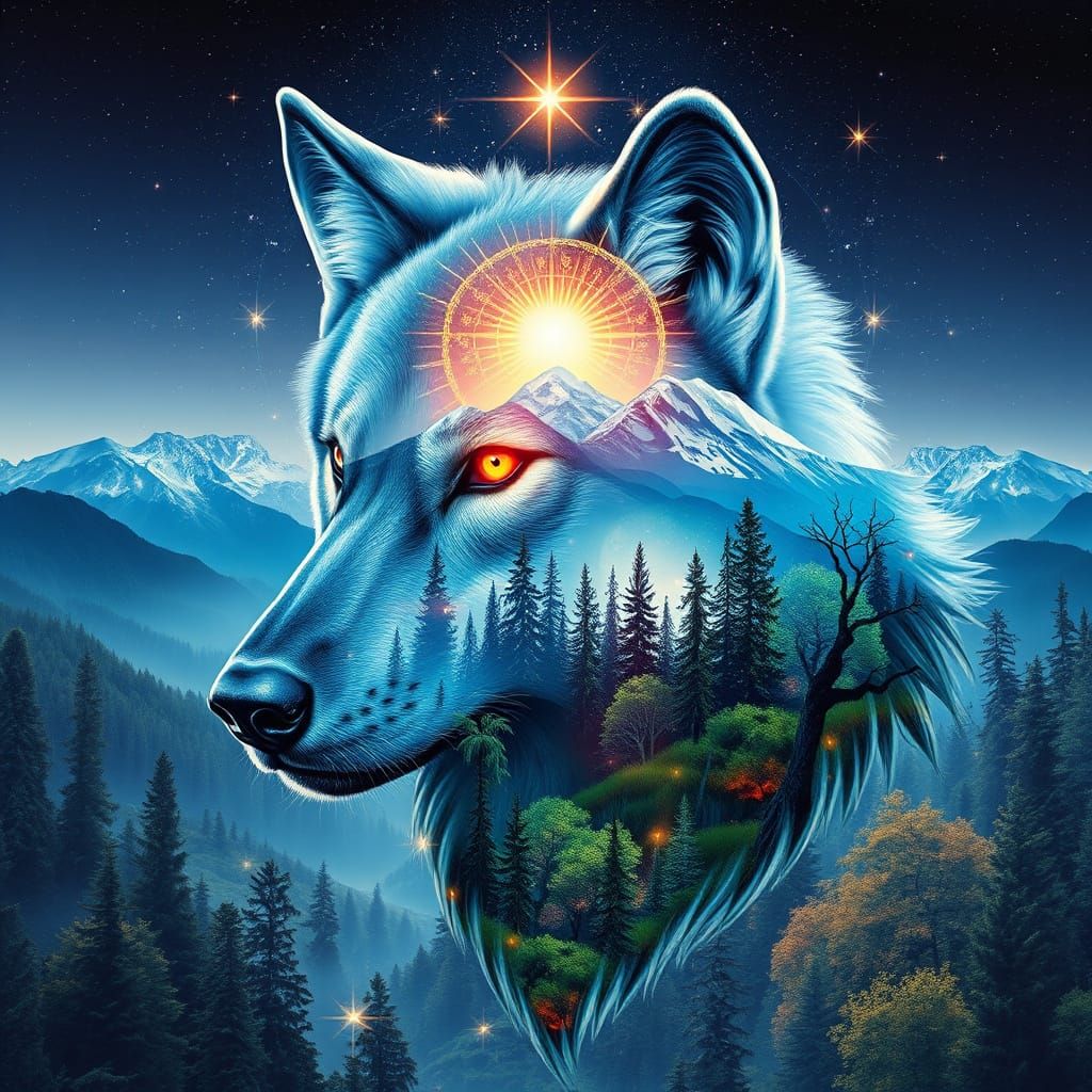 Cosmic Wolf in Ethereal Holographic Art