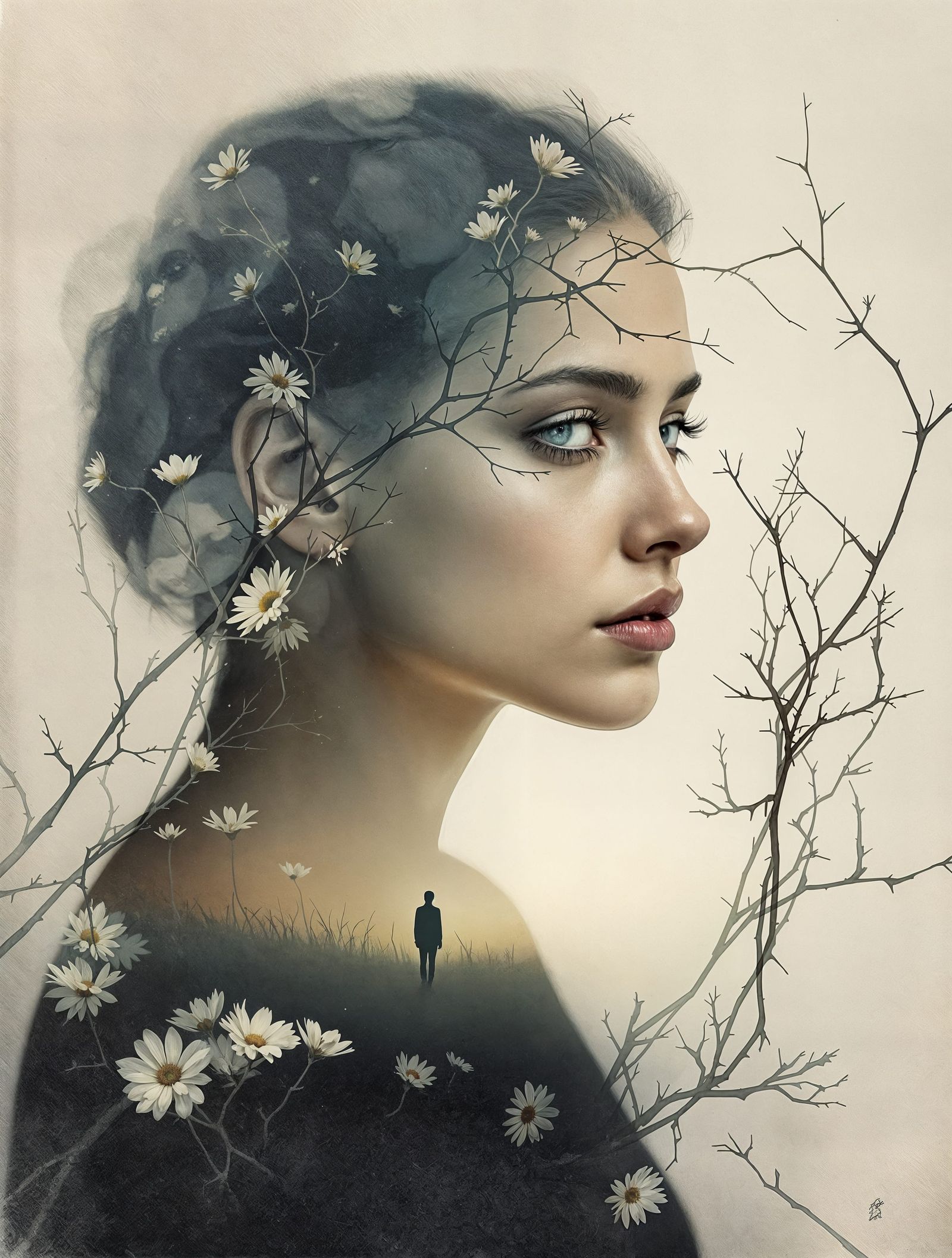 Melancholic Portrait in Distressed Watercolor Style