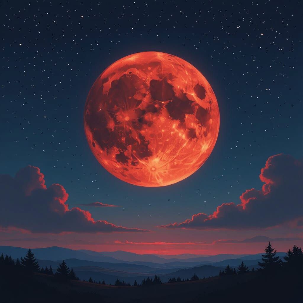 Dark Red Moon in Starry Sky Digital Matte Painting